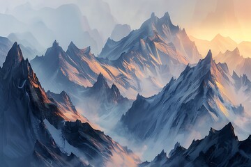 Abstract mountain range, jagged peaks and valleys, cool tones with warm highlights, dramatic and imposing composition, evokes grandeur and majesty, misty atmosphere