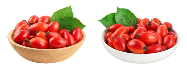 Rose hip in wooden and ceramic bowl isolated on a white background with full depth of field. Top...