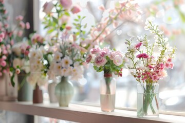 Various flowers in vases line a bright windowsill, lit by soft natural light, creating a refreshing and colorful floral display.