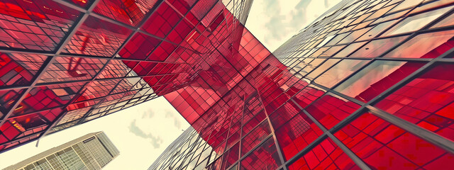 Intersecting planes of bold crimson, red and amber hues converge in an intricate, architecturally inspired composition. © Pink Badger