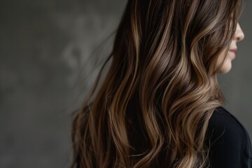 Naklejka premium Close-up portrait of flowing, luxurious brunette hair cascading down, with soft waves and a silky texture set against a neutral backdrop.