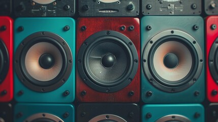 Fototapeta premium Colorful Speakers Line Displayed in a Music Studio for Audio Production