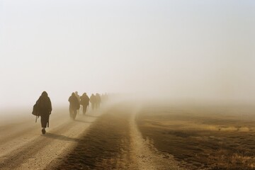 A line of robed figures walking into a dense fog along a solitary dirt road, creating a mysterious and somber atmosphere.