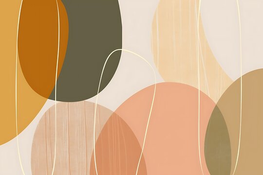 An abstract design of overlapping ovals and lines in muted earth tones, creating a balanced, harmonious composition. The simplicity evokes a sense of order and calm.