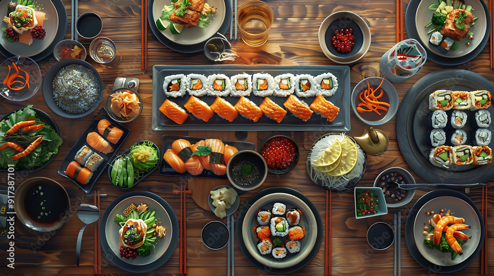 Wall mural Japanese restaurant dinner table spread in top-down view, array of beautifully plated sushi, sashimi, tempura, surrounded, fresh salads, traditional Japanese food