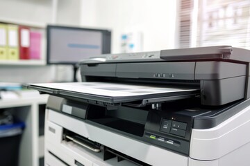 A close-up of an office printer in action, ejecting a freshly printed paper, with blurred office supplies and computer background, capturing a typical office environment.
