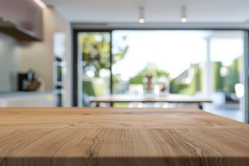 Fototapeta premium A modern, minimalist kitchen with a wooden countertop, blending seamlessly into an open, bright living space overlooking a lush garden.