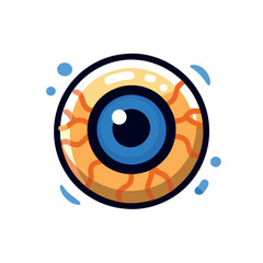 Colorful cartoon eye illustration with blue iris and orange veins on white background