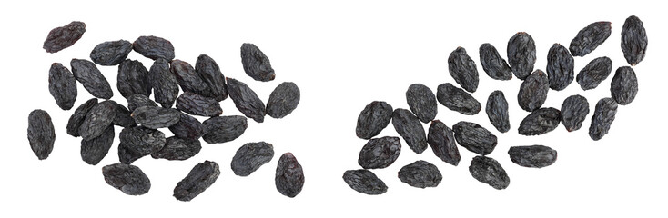 Black raisin isolated on white background . Top view. Flat lay