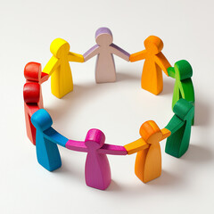Ein regenbogenfarbener Kreis aus Holzfiguren, dass das Team und den Zusammenhalt darstellt