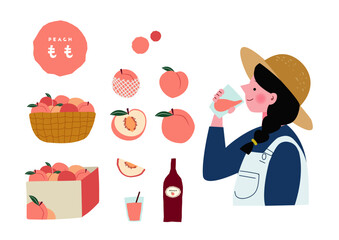 桃ジュースを飲む女の子と桃のイラストセット