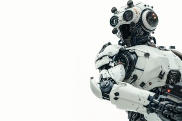 Fototapeta premium A highly detailed, futuristic robot, set against a white background, showcasing advanced technology and intricate design.