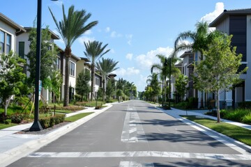 Fototapeta premium A serene, picturesque suburban street lined with palm trees and modern houses on a sunny day, portraying tranquil residential life.