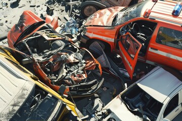 Chaotic car crash scene featuring multiple damaged vehicles and emergency response, emphasizing the intensity of the accident.