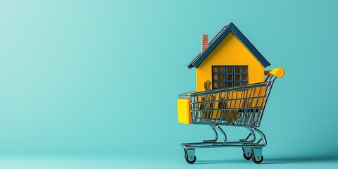 house for sale or rent in shopping cart isolated on blue color background, real state agency advertising concept, copy space