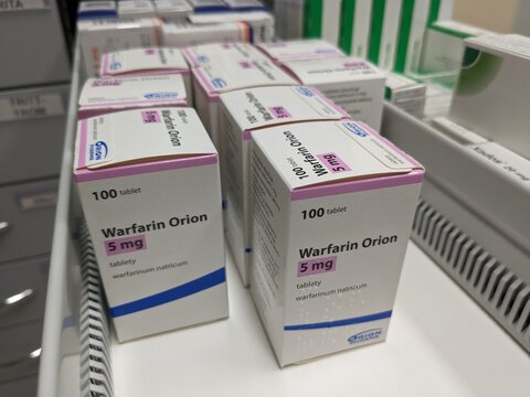 Prague,Czech Republic-August 10 2024: WARFARIN ORION box of medication with WARFARIN active substance by ORION,used for treatment of venous thrombosis,stroke prevention.