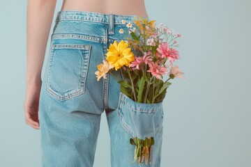 Close-up of woman with yellow flowers in jeans pocket. Beautiful simple AI generated image in 4K, unique.