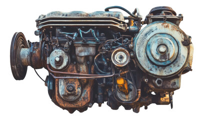 Old industrial engine displayed in a workshop showcasing its worn mechanics and intricate parts, cut out - stock png.