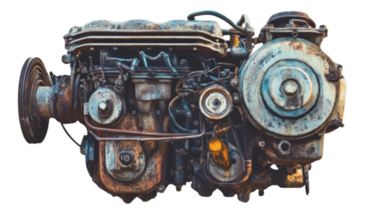 Old industrial engine displayed in a workshop showcasing its worn mechanics and intricate parts, cut out - stock png.