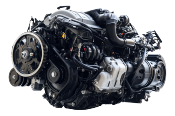 Detailed view of a modern automotive engine with various components showcased, cut out - stock png.