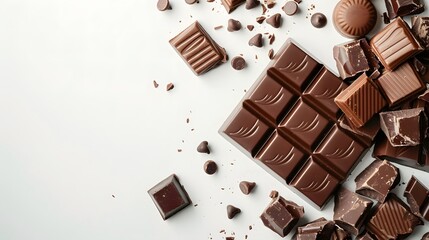 Assorted Chocolate Pieces and Bars on White Background, Overhead View with Copy Space, Ideal for Confectionery Advertising and Chocolate Lover Promotions

