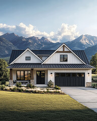 minimalist modern farmhouse style home with a large front porch and central garage, low-pitched shingle roof, light gray walls,