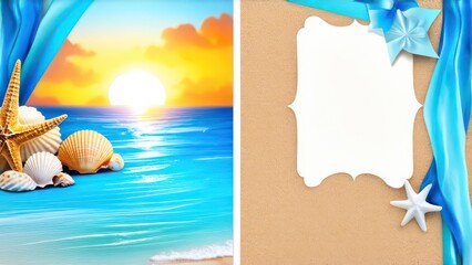 beach-themed card with soft blue and sandy tones, featuring seashells, starfish, and a sunset	
