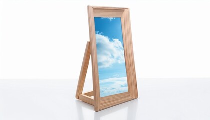 wooden floor mirror reflecting blue sky standing on white background