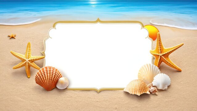 beach-themed card with soft blue and sandy tones, featuring seashells, starfish, and a sunset