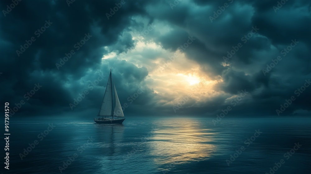 Wall mural A sailboat glides across the tranquil sea as dark clouds gather overhead before sunset