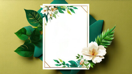 botanical garden-themed card, featuring a variety of green leaves, watercolor flowers, a delicate frame