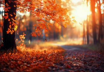 Autumn Sunset Over a Peaceful Forest Pathway