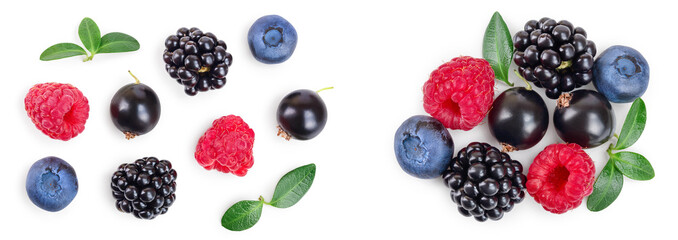 mix of blackberry blueberry raspberry isolated on white background. Top view. Flat lay pattern