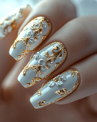  Nail art design,  white and gold elegant, gothic, renaissance, aesthetic pastel colors, symmetric, baroque, 