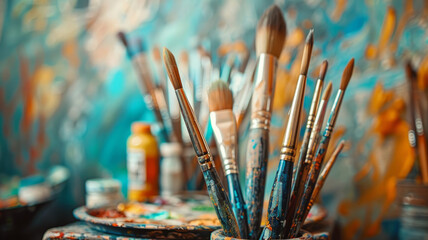 Paintbrushes in an art studio with a vibrant, abstract background.