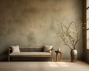 Wabi sabi rustic living room interior in neutral and sage with wood accents