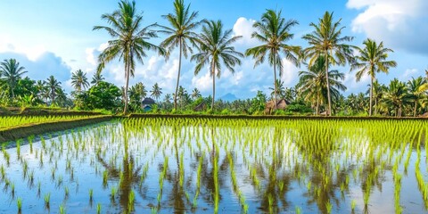 Obraz premium Stunning Lombok Landscape with Lush Rice Fields and Coconut Trees, Embracing the Youthful Essence of Indonesia's Agricultural Heartland