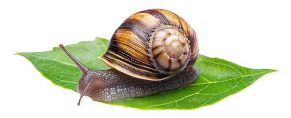 A brown-striped snail crawling on a green leaf in a natural setting during daylight, cut out - stock png.