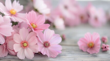 Fototapeta premium Pink Flowers Arrangement on Weathered Wooden Surface