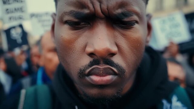 A protesters clenched fist and furrowed brow reveal the physical and emotional toll of resisting oppression.