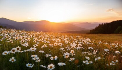 a captivating sunset casts golden light over a meadow teeming with daisies creating a colorful canvas of nature