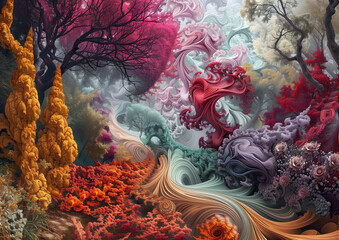 An abstract garden where flowers and trees are replaced by swirling, colorful fractals, creating a surreal, otherworldly landscape