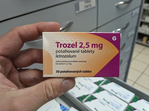 Prague, Czech Republic-August 10 2024: TROZEL box of tablets with LETROZOL active substance, used for treatment of breast cancer in postmenopausal women, aromatase inhibitor.

