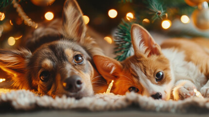 cat and dog near the Christmas tree. christmas pets.