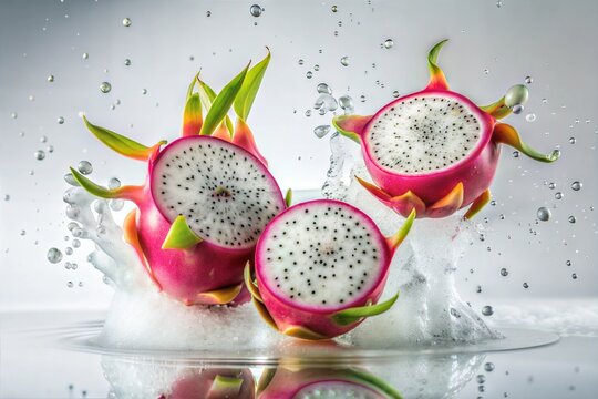 Slices of dragon fruit splashing into water