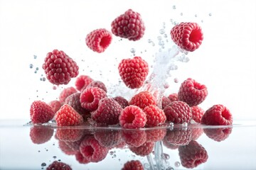 Close-up of red fresh raspberries with splashes of water on white background