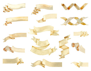 Set of paper beige ribbon banners and ornament elements for decorative text. Watercolor illustration of a vintage scroll, manuscript. Rolled paper templates in pastel beige and brown colors