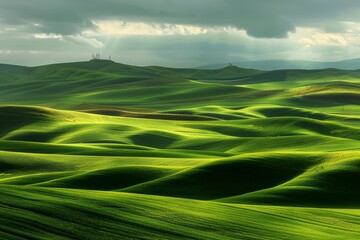 A bird's-eye view of the Palouse, with rolling green hills and golden wheat fields stretching to the horizon. Beautiful simple AI generated image in 4K, unique.