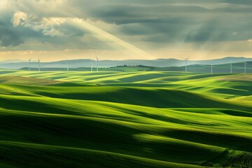 Obraz premium A bird's-eye view of the Palouse, with rolling green hills and golden wheat fields stretching to the horizon. Beautiful simple AI generated image in 4K, unique.