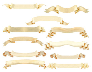 Set of beige ribbon banner elements for super length texts or logo. Watercolor illustration of a vintage scroll, manuscript. Rolled paper banner templates in pastel beige and brown colors